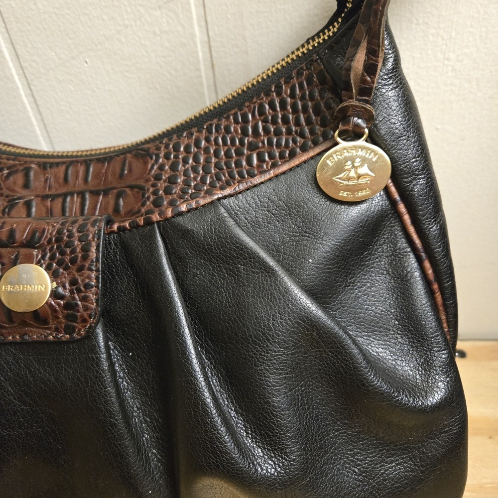 Brahmin Satchel Tuscan Brown Black Shoulder Bag VTG - Picture 2 of 12